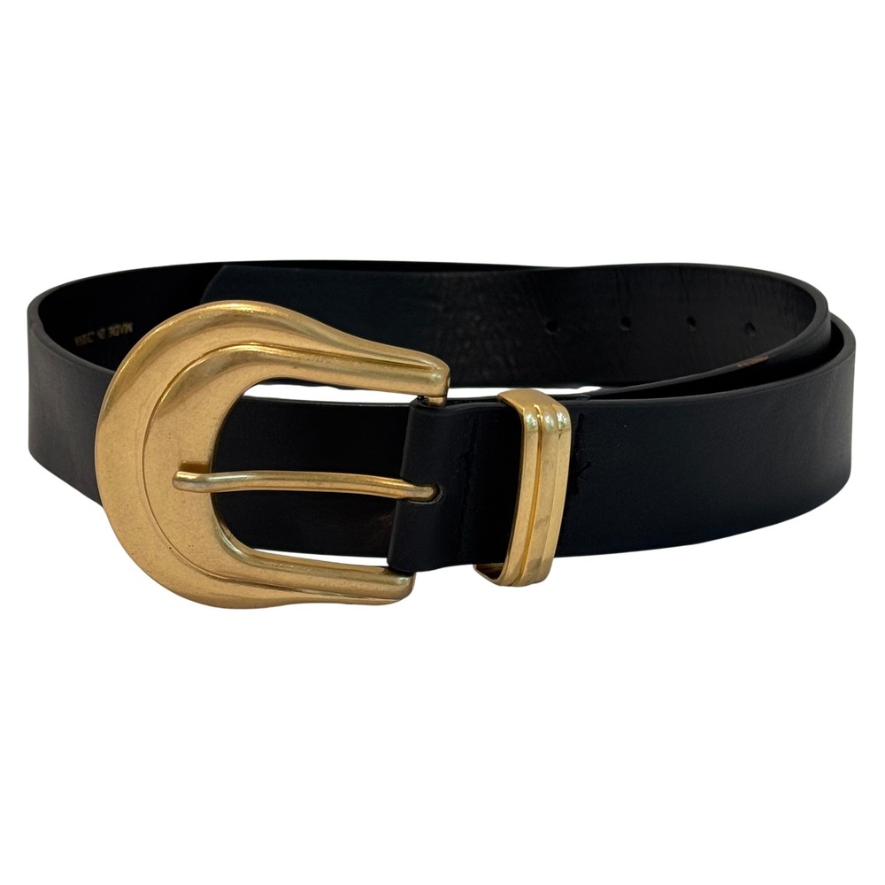 Zara Belt Womens Medium Black Gold Horseshoe Buckle Faux Vegan Leather Western